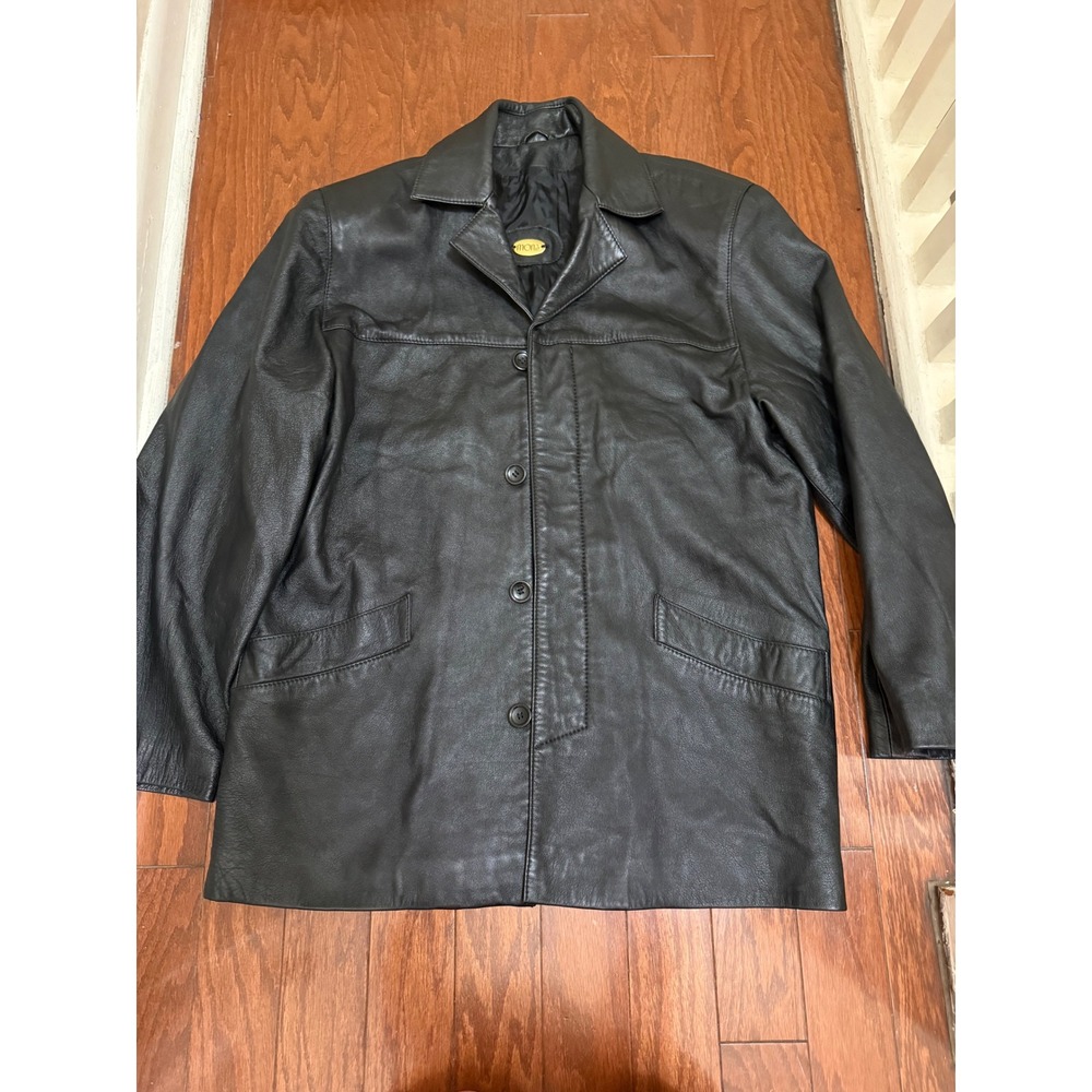 Mona Beograd Womens Black Leather Car‎ Coat Mid Length Button Front Jacket Sz 13